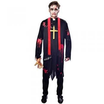 amscan- Bloody Vicar Costume with Cross Necklace-Large Size-1 PC Disfraz de vicario Sangriento Zombi con Cruz – Tamaño Grande – 1 Pieza, Color Negro