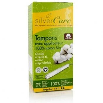 Silvercare Protección Feminina Sello 100% algodón orgánico normal con aplicador caja de 16 unidades