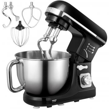 Aicok Batidora amasadora, Robot de cocina multifunción con dos Gancho amasador, Batidor plano, Batidor de globo, Tapa transparente, 6 Velocidades, Bol de acero de 5 litros, 1000W, Negro