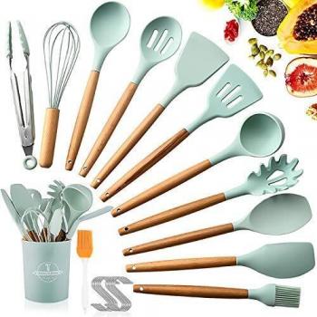 SaiXuan Utensilios Cocina de Silicona, Antiadherente con Mango de Madera para Utensilios,No Tóxicas Resistentes Al Calor Utensilios De Cocina Antiadherente 12 Piezas+12 S Ganchos