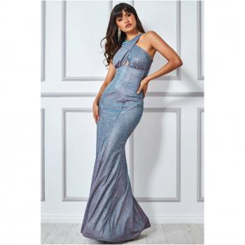 Goddiva Crossover Sparkle Maxi Dress - Blue - Size 16 UK