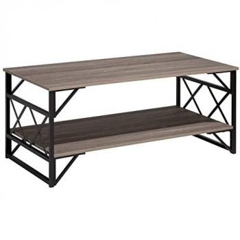 Mesa de Centro Industrial Rectangular 120 x 60 cm con Tablero de Madera Gris Pardo y Estructura de Metal Negro - Modelo Bolton