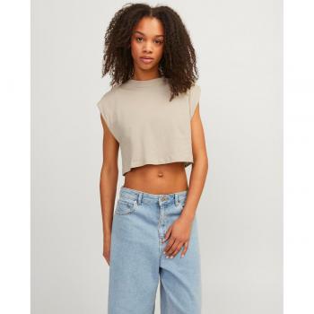 Camiseta crop JJXX Zoe beige manga sisa para mujer