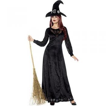 Smiffys-48015L Disfraz Deluxe de brujería, con Vestido y Sombrero, Color Negro, L-EU Tamaño 44-46