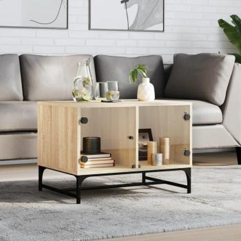 Mesa de centro con puertas de vidrio 68,5x50x50 cm en Blanco, Negro y Roble Sonoma - VidaXL Mesita de Salón o Comedor o Auxiliar Mesa de Café Meuble Salón