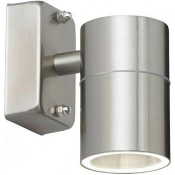 Aplique de pared Canon, acero inoxidable pulido y vidrio transparente, IP44, GU10