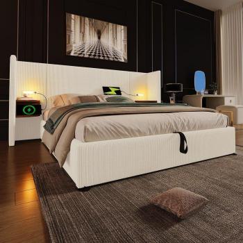 Cama Doble Tapizada (180 x 200) con Mesilla de Noche, Luz de Lectura y Cargador USB Type-C, Beige, Pana