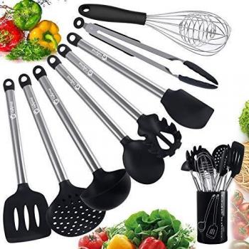 GOAMZ Utensilios Cocina de Silicona Set 9 Piezas Resistentes al Calor Acero Inoxidable Accesorios Cocina con Skimmer,Cuchara,Batidor,Espátula