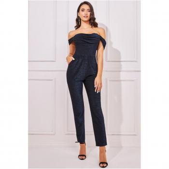 Goddiva Lurex Cowl Neck Jumpsuit - Navy - Size 12 UK