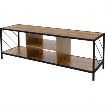 Mesa de TV Módulo Bajo 140x40 cm en Madera Marrón para Televisores de Hasta 65 Pulgadas con Compartimentos Abiertos y Estructura Metálica Negra