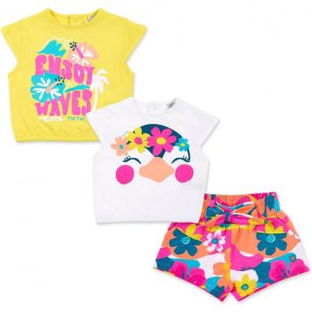 Conjunto de bebé niña Tuc Tuc Laguna Beach 3 piezas con camisetas con dibujo frontal y short estampado