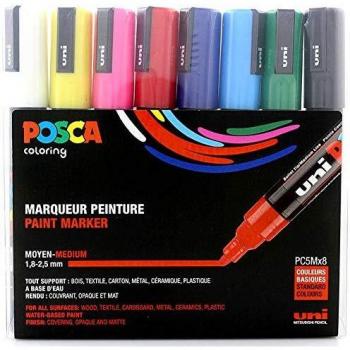 UNI-BALL Lot de 8 Boîtes de 8 marqueurs Pte conique moyenne POSCA PC5M/8 1,8 - 2,5mm Assorti