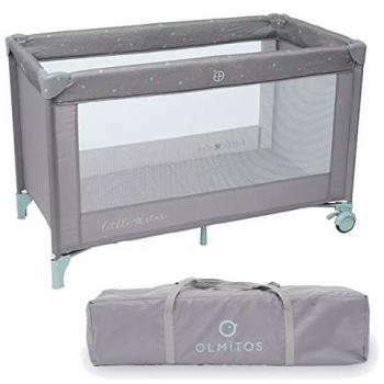 Cuna de Viaje Olmitos Little Star Grey - Cuna portátil y plegable para bebés, desde el nacimiento, fácil de plegar, incluye bolsa de transporte, circulación de aire, ruedas con freno