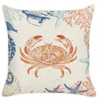Cojín Decorativo Cuadrado Beige de Lino y Algodón con Motivo de Cangrejo Marino, Relleno de Poliéster 45 x 45 cm