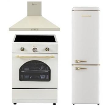 Combo Pack Cocina Inducción 60x60 Crema con Campana Decorativa 60 cm y Frigorífico Combi Retro 1,88m Crema E
