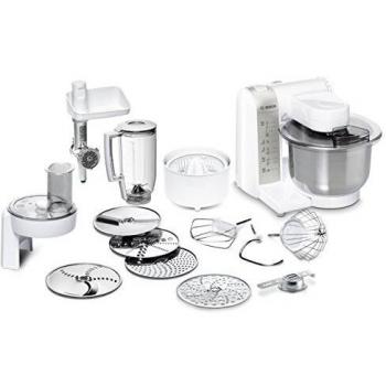 Bosch MUM48140DE Robot de cocina, versátil, con varios accesorios, cuenco grande, 4 niveles de mezcla, 600 W, color blanco