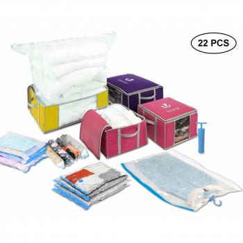 Set de Almacenamiento al Vacío Vounot - 22 Piezas con 17 Bolsas y 4 Fundas para Ropa, Sábanas, Edredones y Cojines