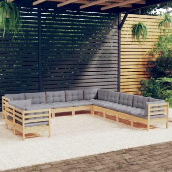 11-Piece Garden Lounge Set with Grey Cushions Solid Pine Wood