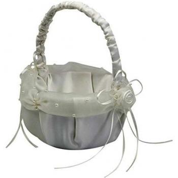 Mopec Cesta para Arras Redonda con Tul en Marfil Perlas y Flores, Pack de 1 Unidad, Textil, 15.00x15.00x21.00 cm