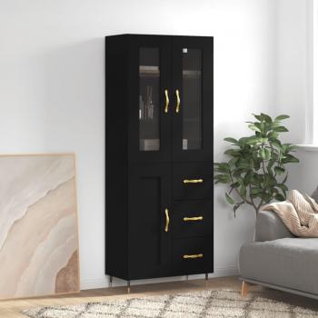 Aparador Alto Negro 69,5x34x180 cm de Madera Contrachapada con 1 Puerta y 3 Cajones - Mueble de Almacenaje Moderno para Salón