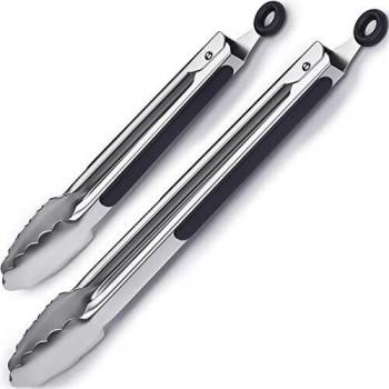 iNeibo Pinzas para Barbacoa de Acero Inoxidable Pinzas de Cocina con Sistema de Cierre Inteligente. Juego de 2 Negro