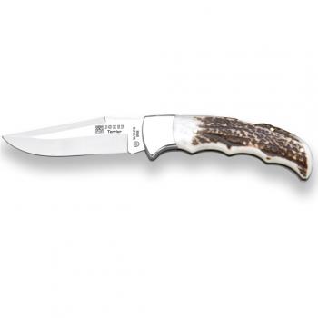 Navaja de caza Joker Terrier NC17 con mango de Asta de Ciervo, hoja de 9 cm MOVA y lomo dentado - Ideal para pesca, caza, camping y senderismo