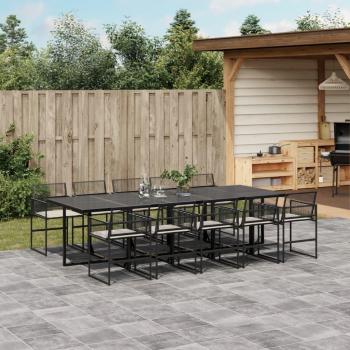 11-Piece Black Poly Rattan Garden Dining Set with Cushions