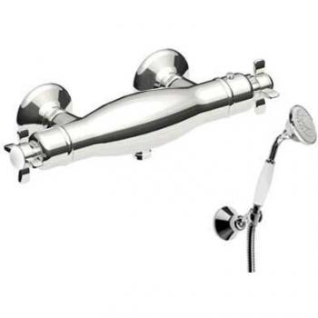 Tres Griferia - Ducha Retro Termostática Ducha De Mano Anticalcárea Con Soporte Orientable. Flexo Doble Engatillado.