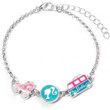 Pulsera de Dijes Esmaltados Barbie™ con Silueta, Patinaje y Furgoneta - Plata, Talla Única, Zinc