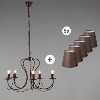 Lámpara de araña clásica óxido con pantallas marrones - 5 luces, acero, adecuada para LED