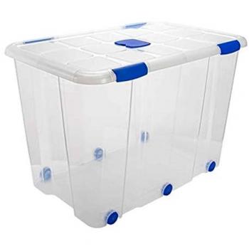 Caja de ordenación de plástico Tradineur nº 19 transparente con tapa, ruedas y asas, capacidad 160 litros, dimensiones 56 x 80 x 51.5 cm