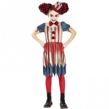 Disfraz de Payasa Macabra Vintage para niña, incluye vestido de rayas con volantes, medias a rayas, diadema con cuernos y maquillaje facial