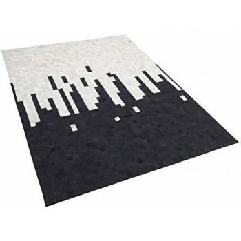 Alfombra de piel de vacuno blanca y negra 160 x 230 cm rectangular patrón geométrico abstracto hecha a mano