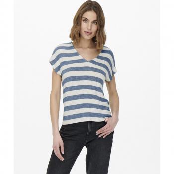 Camiseta Only Lira Life Azul Rayas de Manga Corta para Mujer con Estampado a Rayas