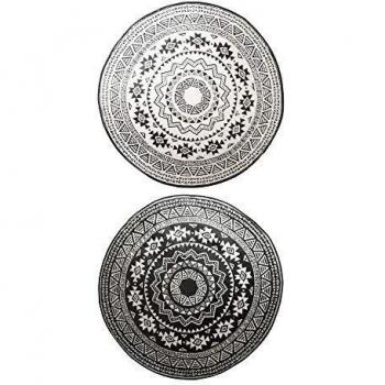 Alfombra de exterior reversible 180 cm negro y blanco, resistente al agua, diseño circular