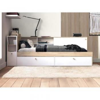 Cama 90 x 200 cm con almacenamiento y somier - Blanco y natural - LIARA