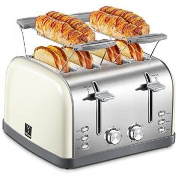 Yabano Tostadora de 4 rebanadas, accesorio para brasar, 7 niveles de tostado, función centradora, con bandeja recogemigas extraíble, carcasa de acero inoxidable, 1800 W, retro