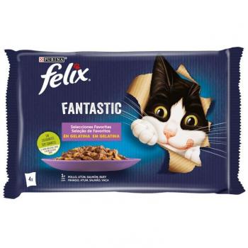 Felix Fantastic Selecciones Favoritas en Gelatina Multipack - Comida Húmeda para Gatos Adultos, Variedades de Pollo, Salmón, Atún y Buey, 24 Sobres de 85