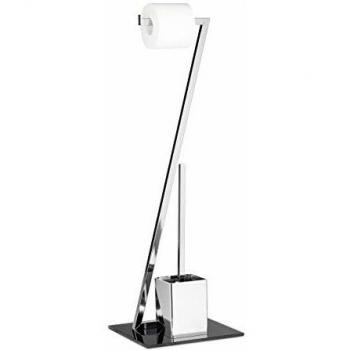 Escobillero y Portarrollos de Baño en Metal y Cristal, Plateado y Negro, 77 x 25 x 25 cm - Relaxdays