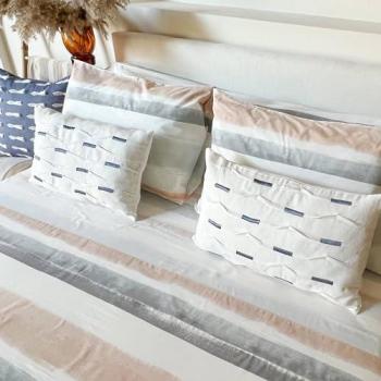 Juego de Sábanas 100% Algodón Estampado Rayas Gris Naranja - Set de 3 o 4 Piezas para Cama 90/135/150 cm