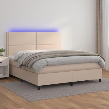 Cama box spring con colchón y LED en cuero sintético color capuchino 140x200cm