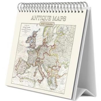 Calendario de Escritorio 2025 Mapas Antiguos Erik multicolor, base resistente, planificador mensual con espacio para anotar y vista mensual global