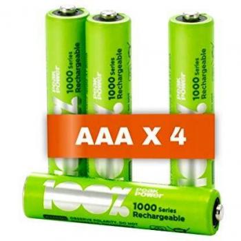 4 x Pilas Recargables AAA 100% PeakPower 1000 Series | Capacidad mínima Garantizada 800 mAh NiMH | Pilas AAA Recargables Que Vienen precargadas Listas para Usar | Bajo Nivel de autodescarga