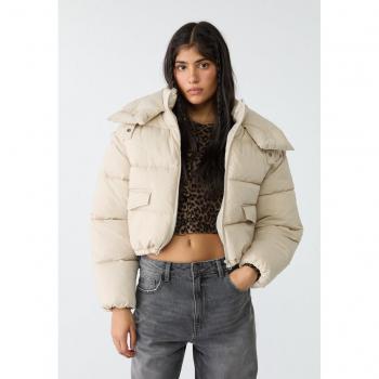 Cropped Hooded Puffer Jacket in Stone - Women's L