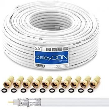 Cable Coaxial de Antena DELEYCON 30m 130dB con Blindaje de 4 Capas y 10 F-Conectores Dorados - HDTV 4K UHD
