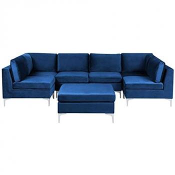 Sofá Modular U en Terciopelo Azul Marino 6 Plazas con Ottoman y Patas de Metal Plateado