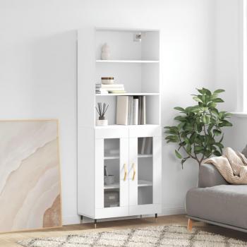 Aparador alto de madera contrachapada blanco 69,5x34x180 cm con 2 puertas de cristal, mueble de almacenaje para salón, buffet y armario auxiliar