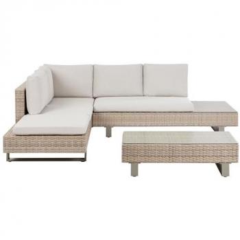 Conjunto de jardín 5 plazas de ratán sintético sofá con mesa de centro cojines blanco crema Lanciano