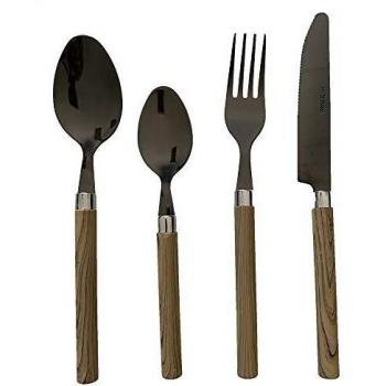 Renberg Q3285 Set 24pcs cuberteria, Acero Inoxidable, colección Happie Wood, Marrón-Oscuro