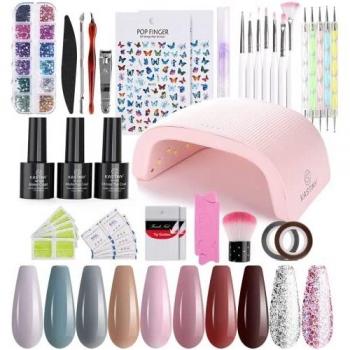 Esmalte Semipermanente de Uñas, Kastiny 10+3Pcs Kit Uñas Semipermanente de Gel Base 2 Top Coat Soak off 72W UV/LED Lámpara, Brillo marrón Rosa Manicura Diseña Kit, Apto Para Principiantes